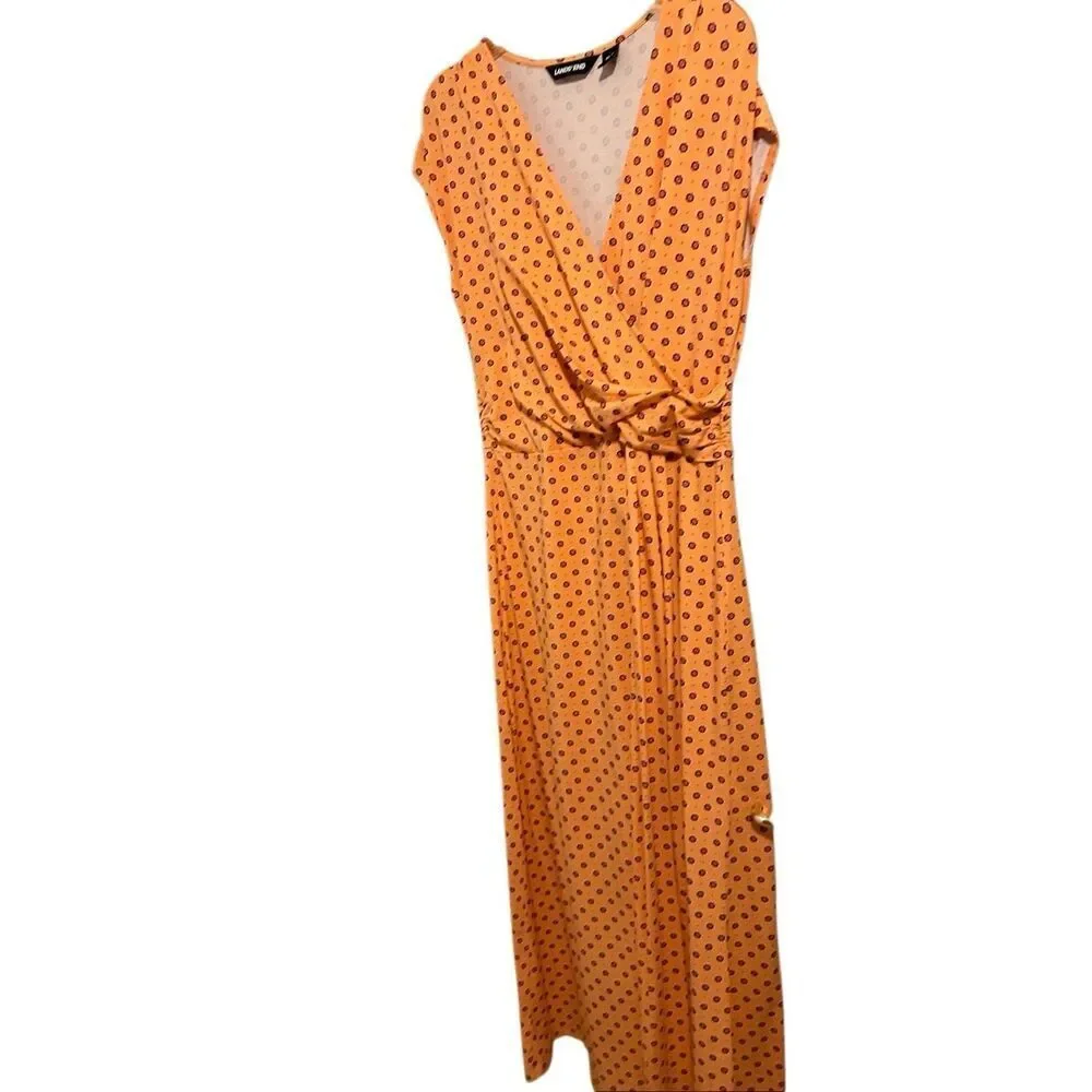Lands' End Coral Print V-Neck Draped Wrap Midi Dress Size M/P 10-12